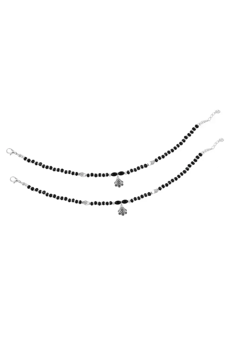 Adjustable Black Artificial Silver beads Anklet for Girls and Women