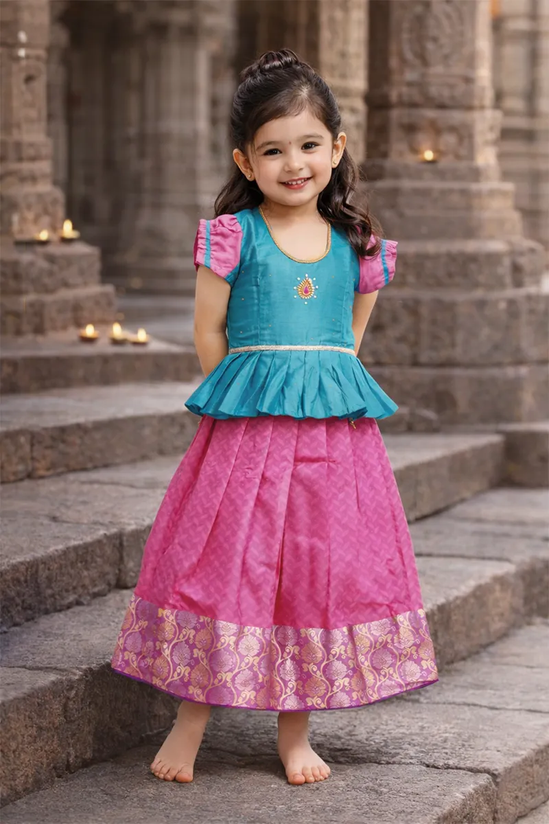 Girl's Art Silk Stone Work Pattu Pavadai - Pink