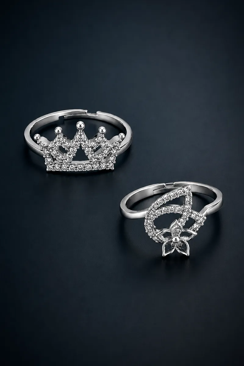 Silver Plated Crown and Floral Rings for Girls & Women - Set of 2