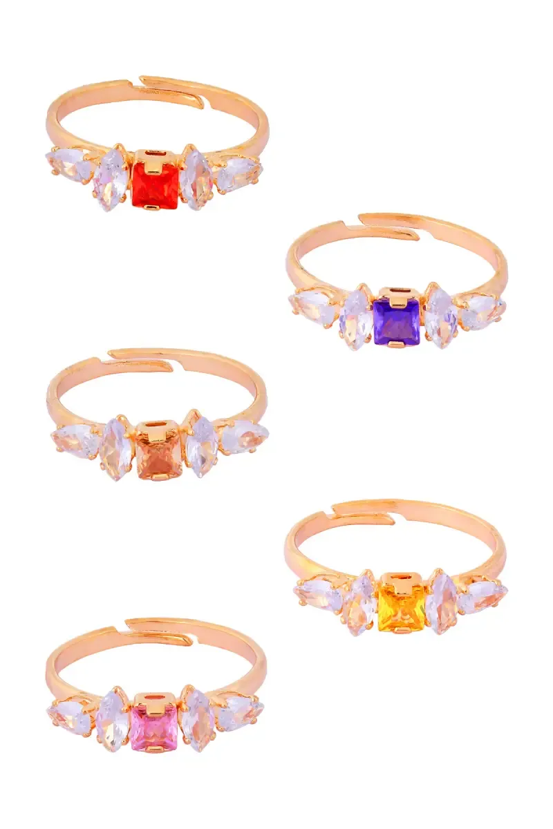 Gold Plated Coloured Stone Rings - Set of 5