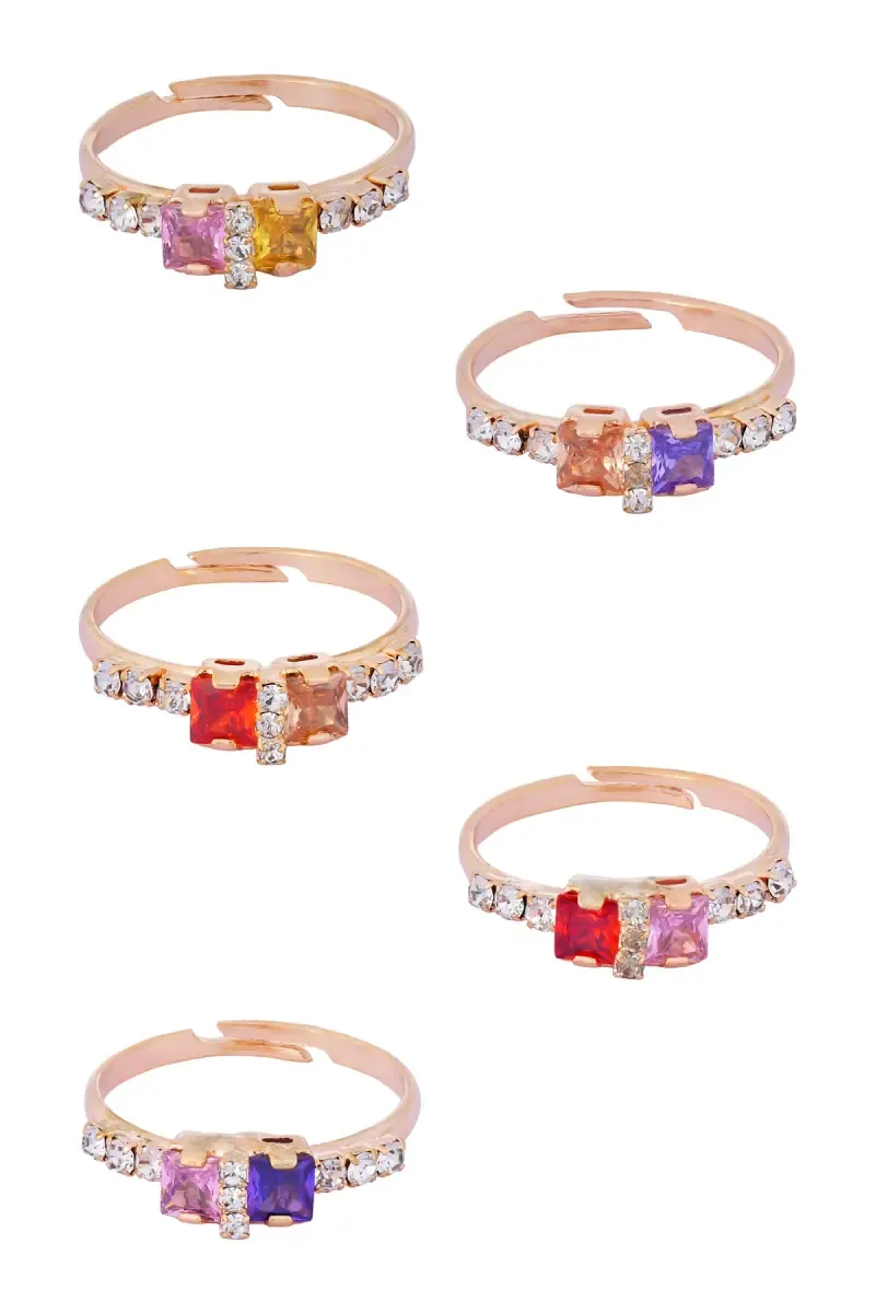 Gold Plated Coloured Stone Rings - Set of 5