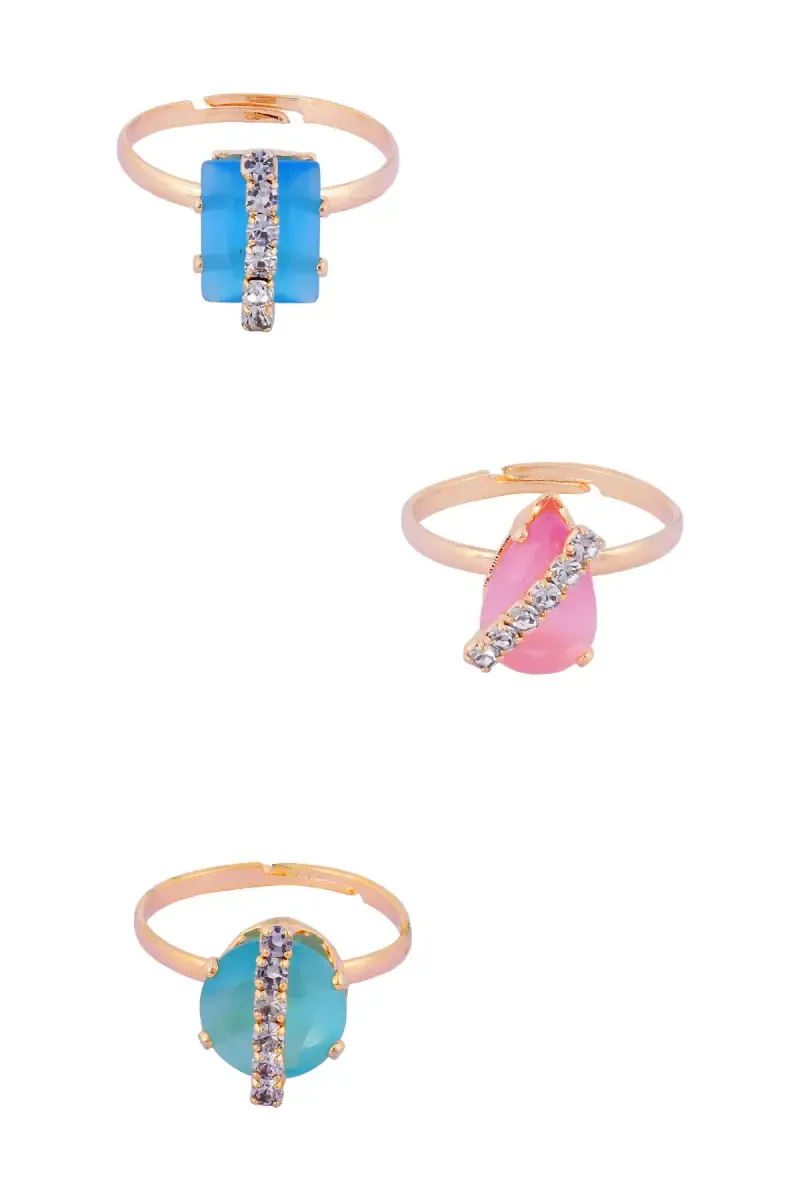 Gold Plated Coloured Stone Rings - Set of 3