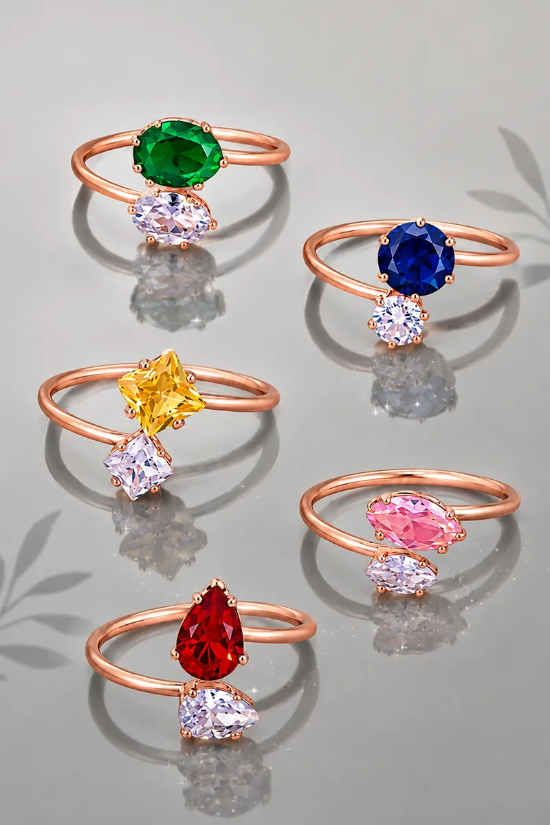 Coloured Stone Glossy Finish Rings - Set of 5