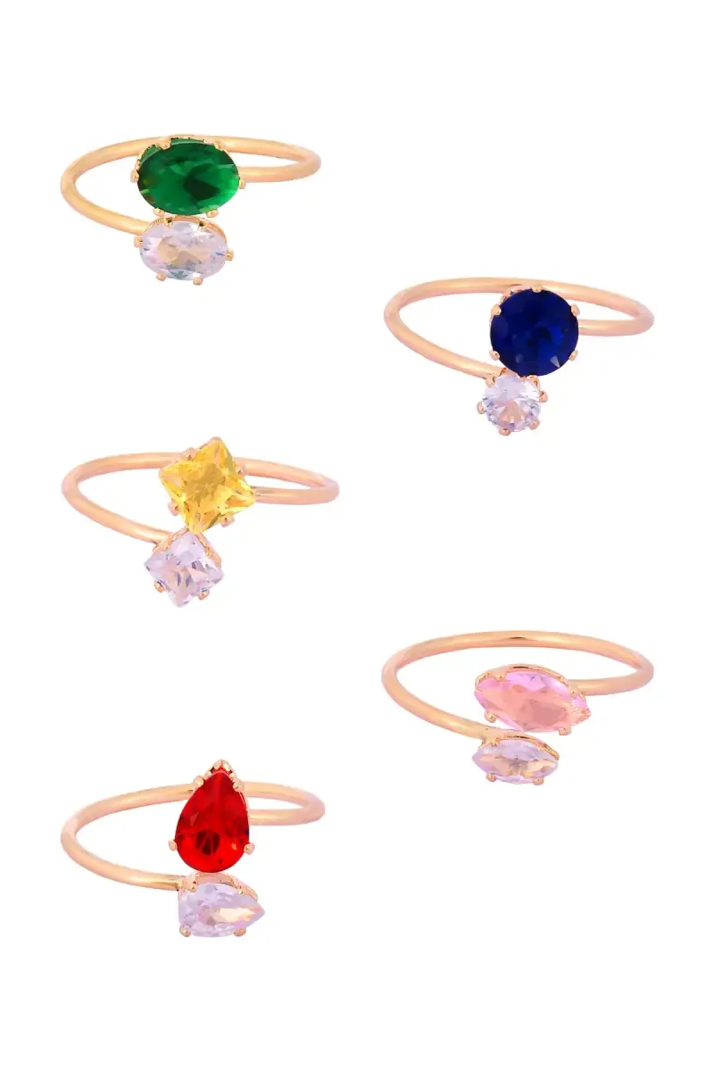 Coloured Stone Glossy Finish Rings - Set of 5