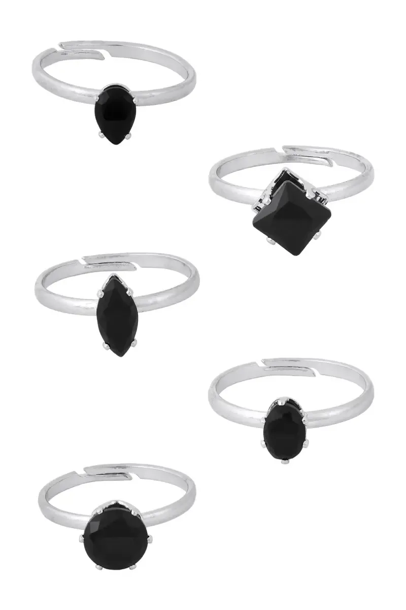 Silver Plated Black Stone Rings - Set of 5