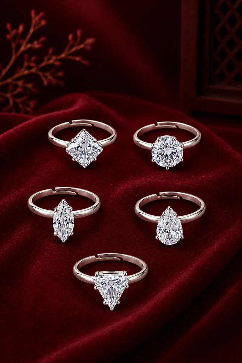 Silver Plated White Zircon Rings - Set of 5
