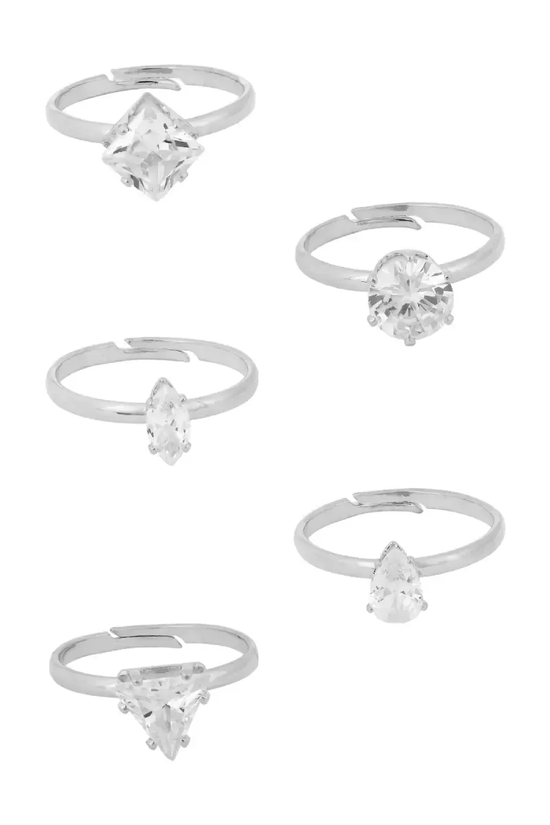 Silver Plated White Zircon Rings - Set of 5