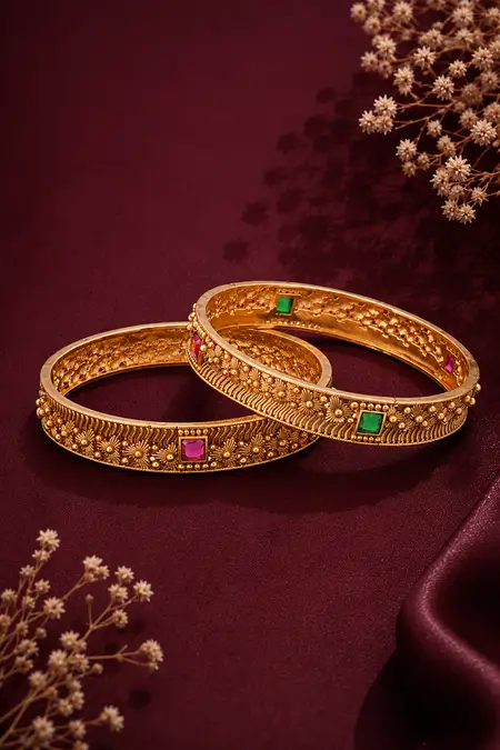 Antique Gold Plated Matte Finish Stone Bangle for Women - Set of 2