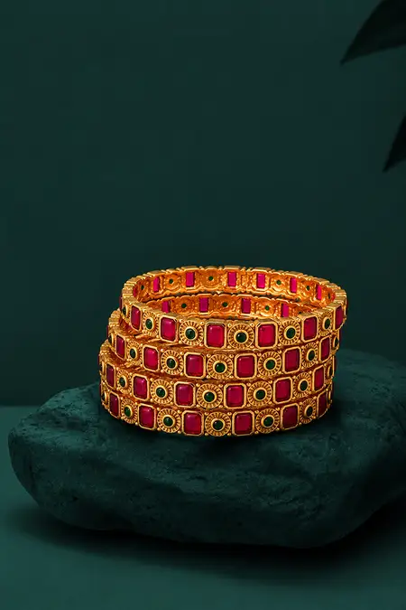 Antique Bangles with Pink & Green Stones for Women  - Set of 4