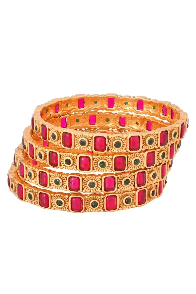 Antique Bangles with Pink & Green Stones for Women  - Set of 4