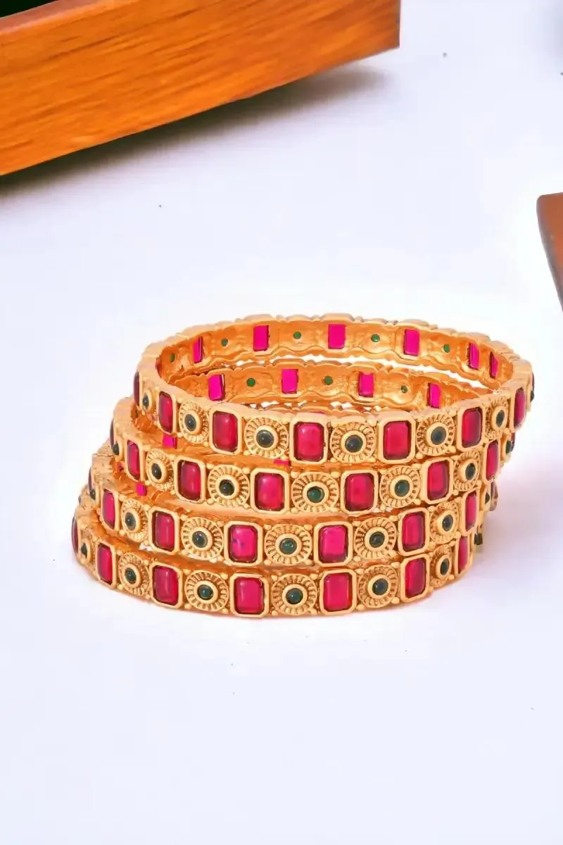 Antique Bangles with Pink & Green Stones for Women  - Set of 4 013313MUL284