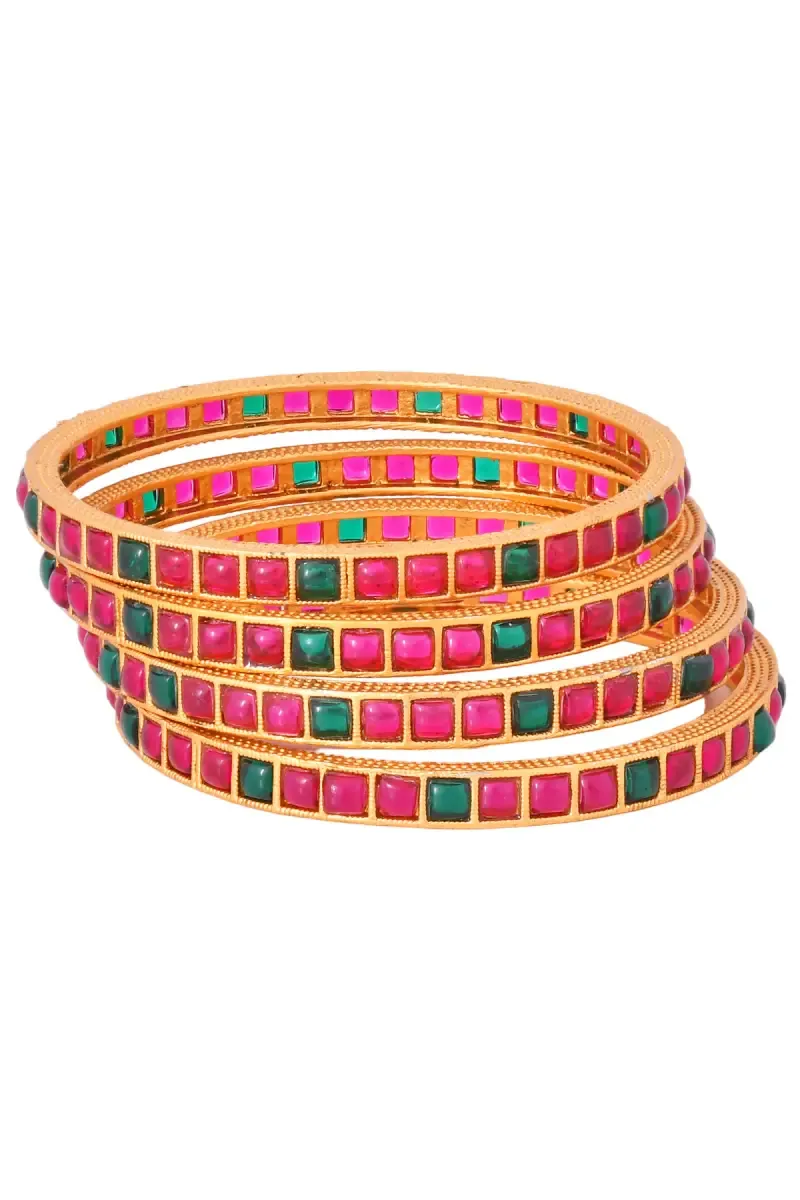 Gold Plated Bangles with Pink & Green Square Stones  for Women – Set of 4