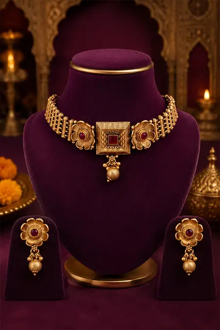 Gold Plated Floral Design Choker Set for Women
