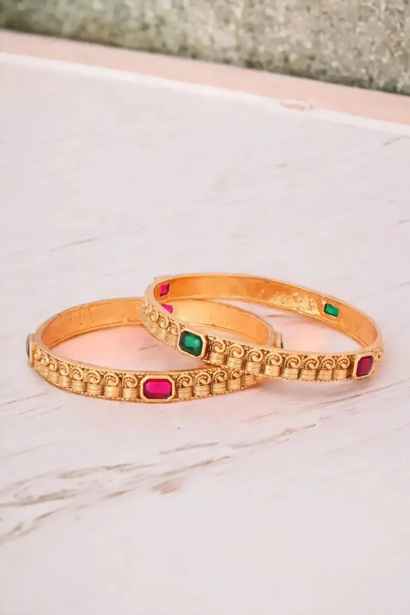 Antique Gold Plated Temple Design Bangles for Women – Set of 2
