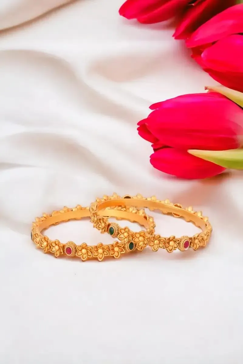 Matte Antique Finish Gold Plated Floral Design Bangles for Women - Set of 2