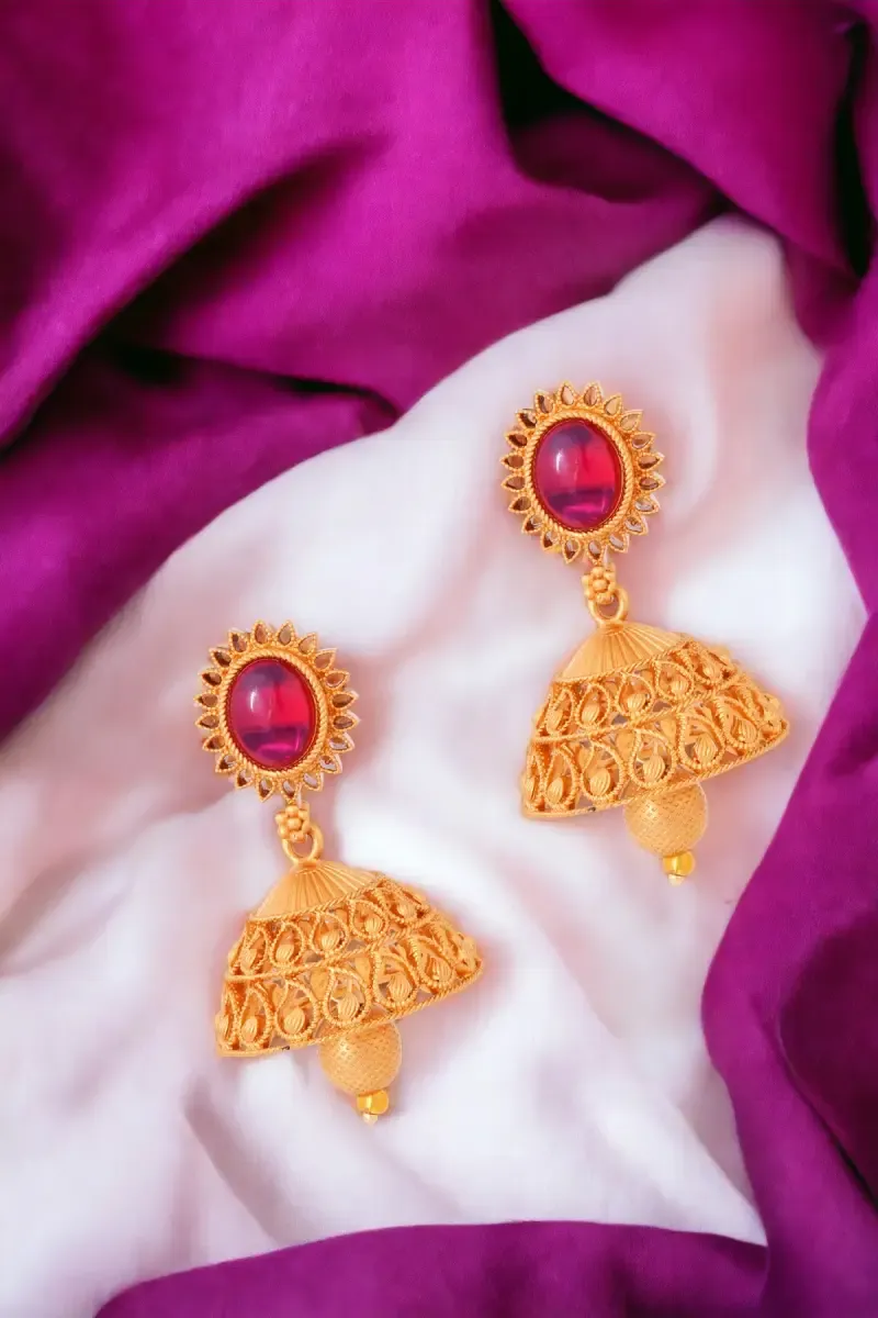 Gold Plated Ruby Studded Jhumki Earrings for Girls & Women