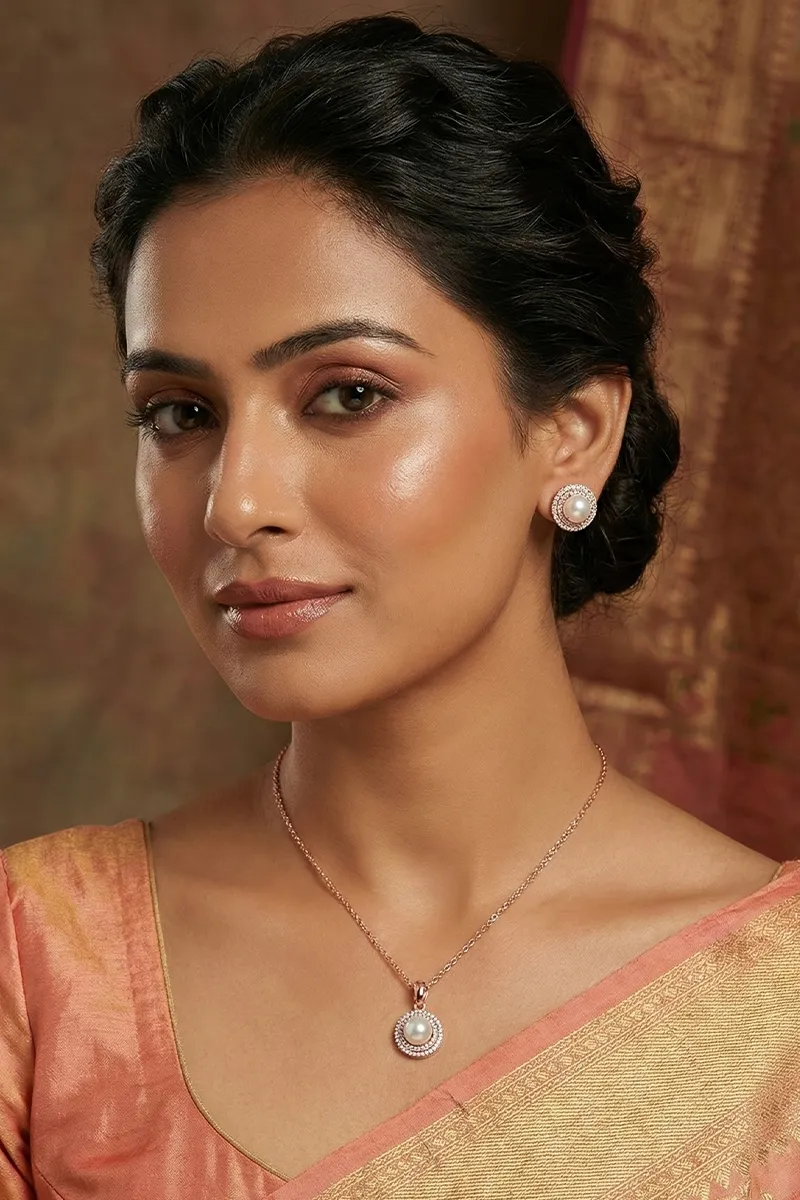 Rose Gold Pearls Pendant Necklace Set for Women & Girls