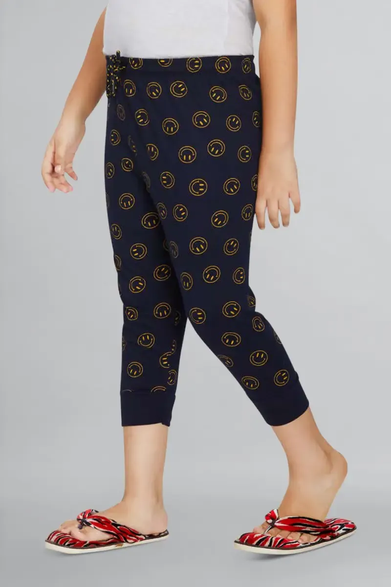 Girl's Cotton Hosiery Printed Capri (2 - 14 Yrs) 013614NAVBLU910YRS