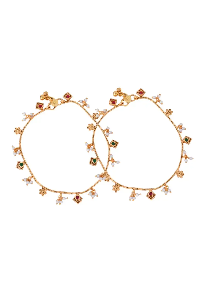 Pearls Antique Gold Plated Anklets for Women