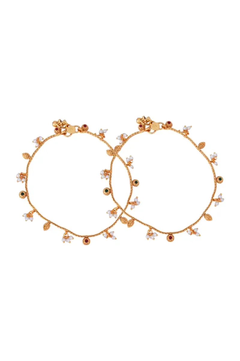 Gold Plated Pearl Beaded Brass Anklet for Women