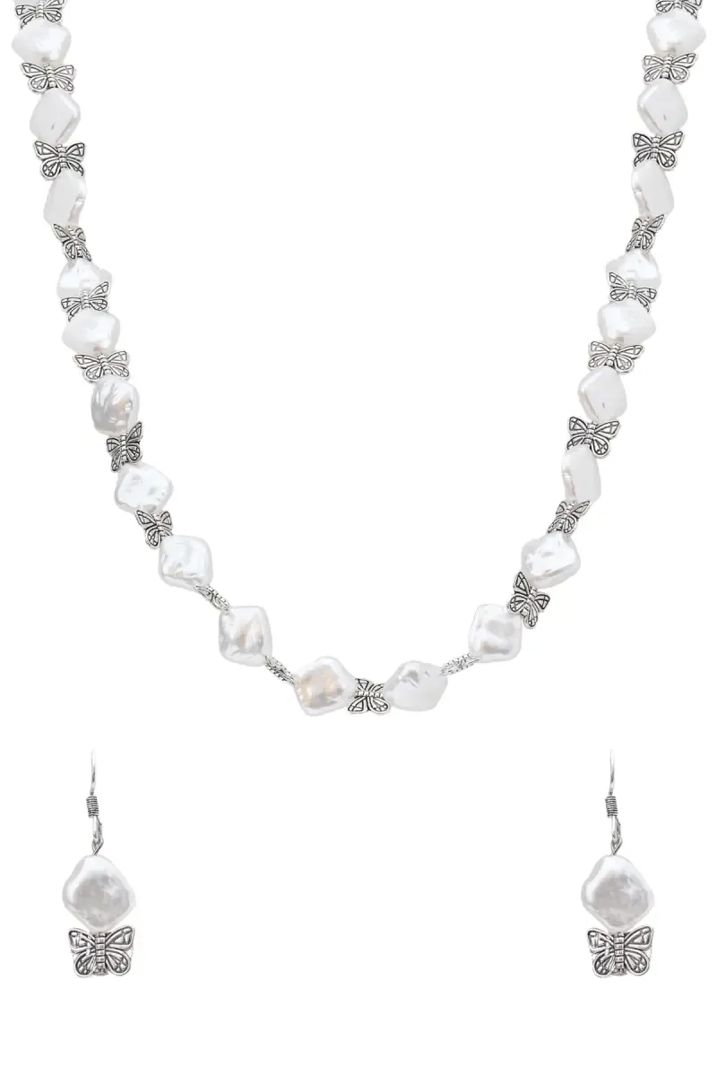 Pearls with Butterfly Design Necklace with Earrings for Women and Girls