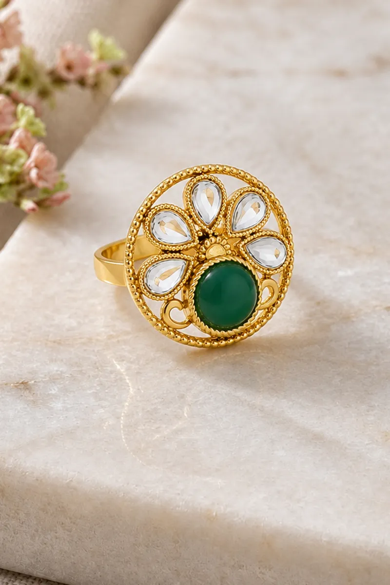 Green Stone Studded Adjustable Ring for Women and Girls