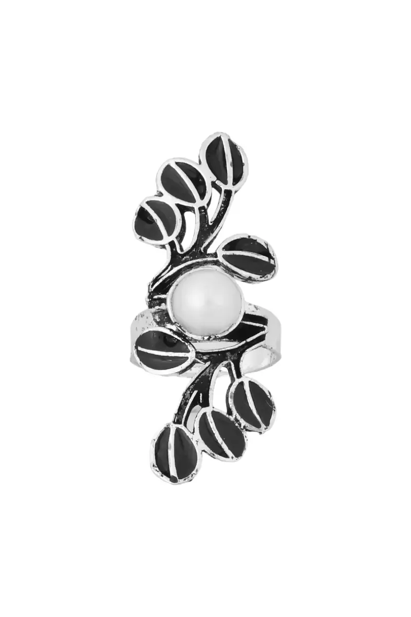 Oxidized Silver Pearl Leaf Design Adjustable Ring