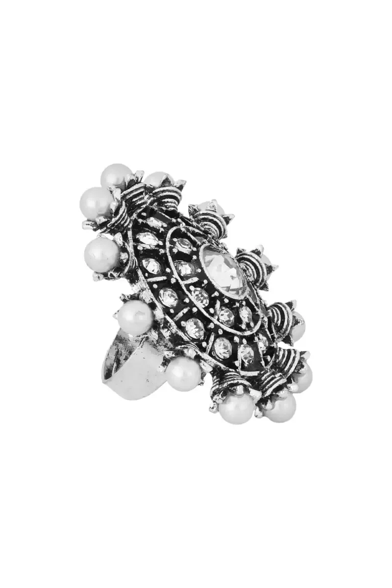 Oxidized Silver Pearl Adjustable Ring for Women and Girls