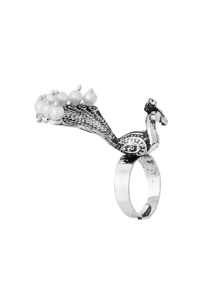 Peacock Oxidized Silver Adjustable Ring for Women