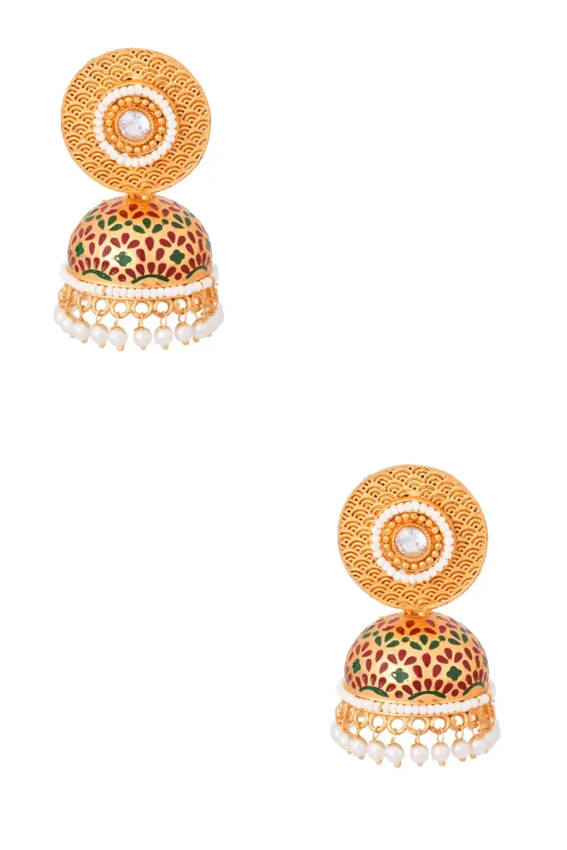 Gold Meenakari Design Jhumki Earrings for Women