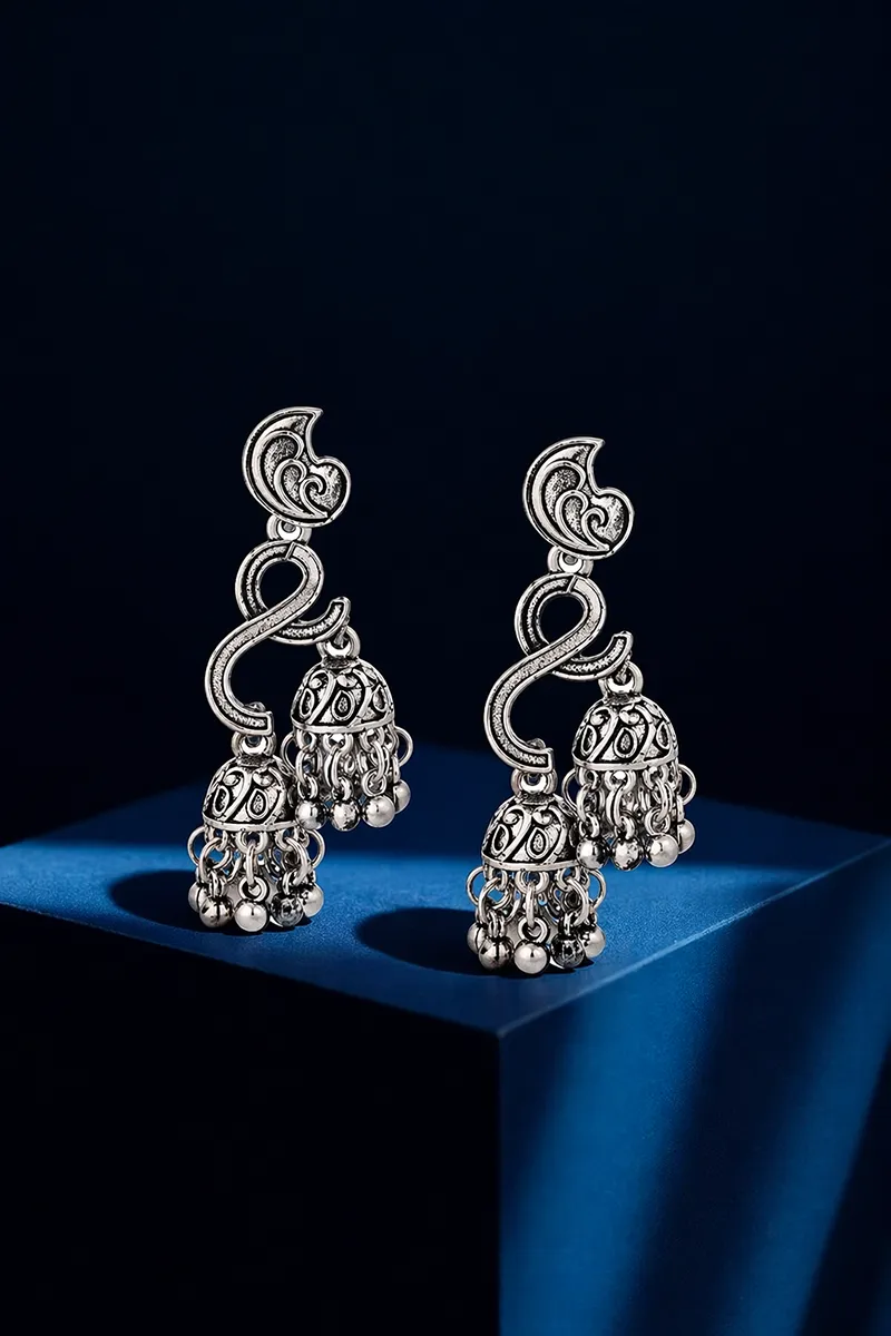 Oxidised Silver Double Jhumki Drops Earrings for Women