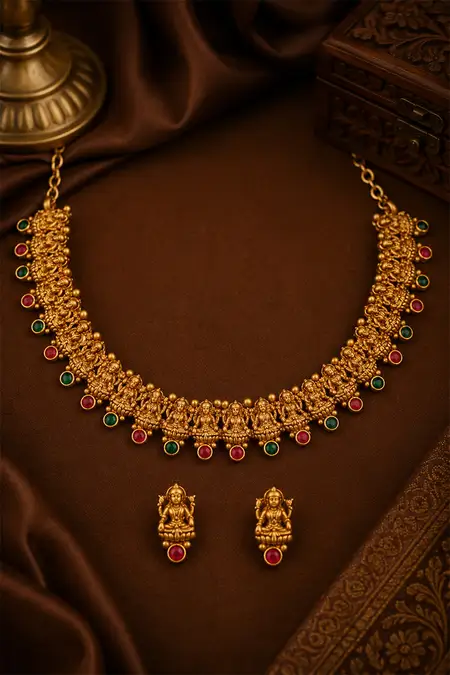 Gold Lakshmi Design Necklace with Earrings Set for Women