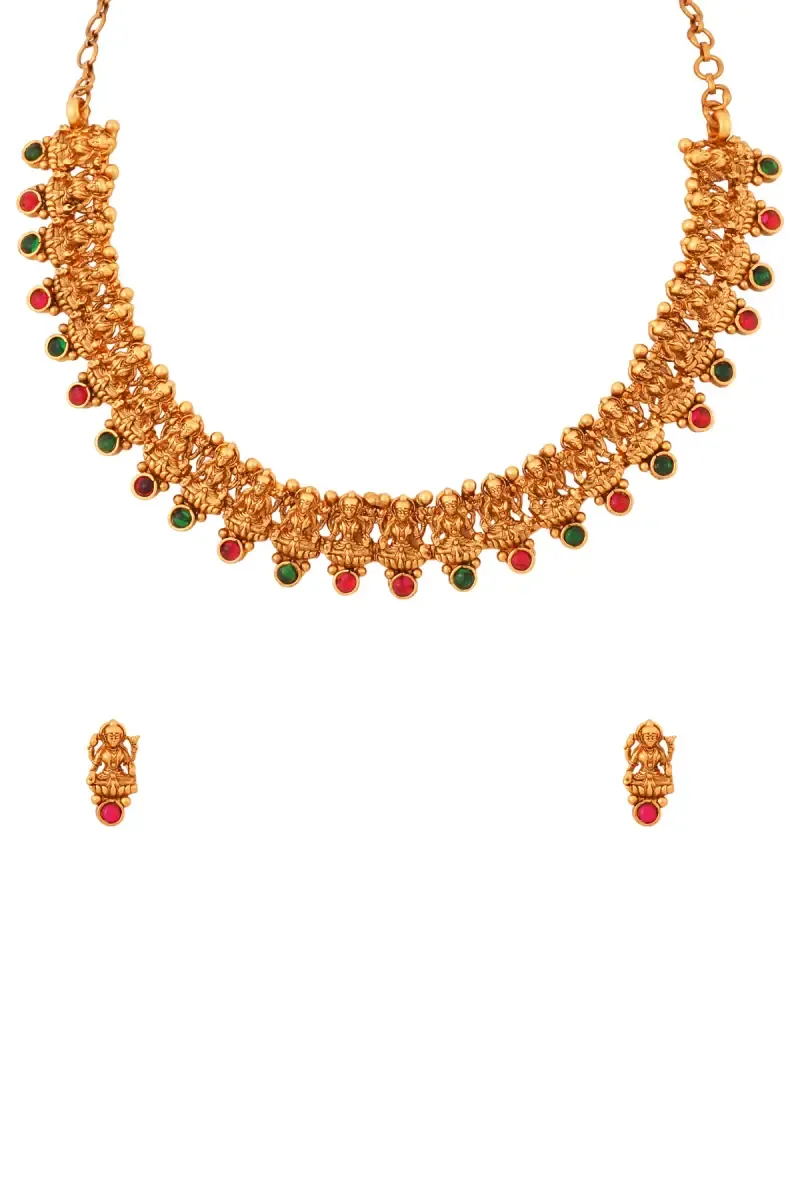 Gold Lakshmi Design Necklace with Earrings Set for Women