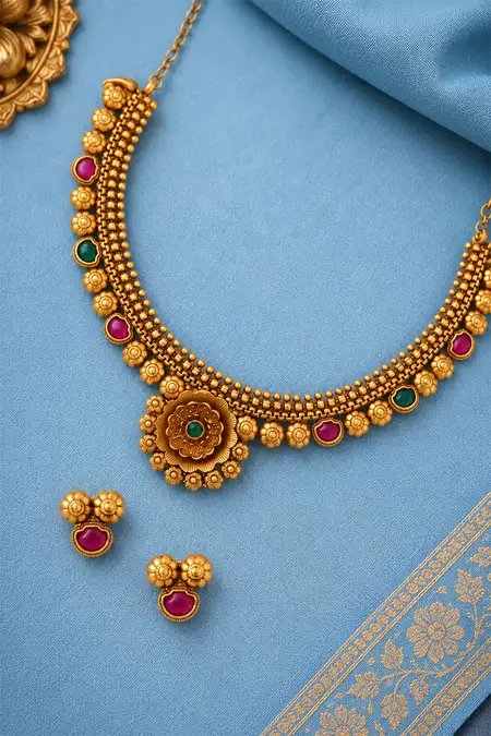 Gold Floral Design Necklace with Earrings Set for Women