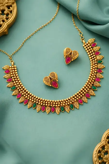 Gold Drop Design Necklace with Earrings set for Women