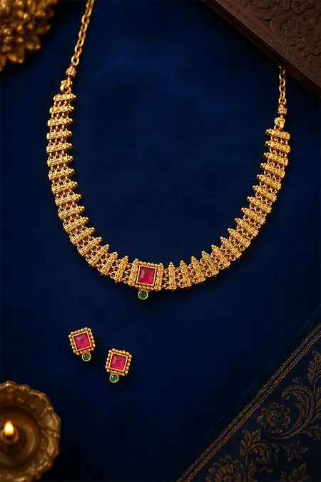 Gold Square Design Necklace with Earrings Set for Women