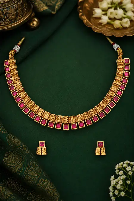 Gold Square Design Necklace with Earrings Set for Women