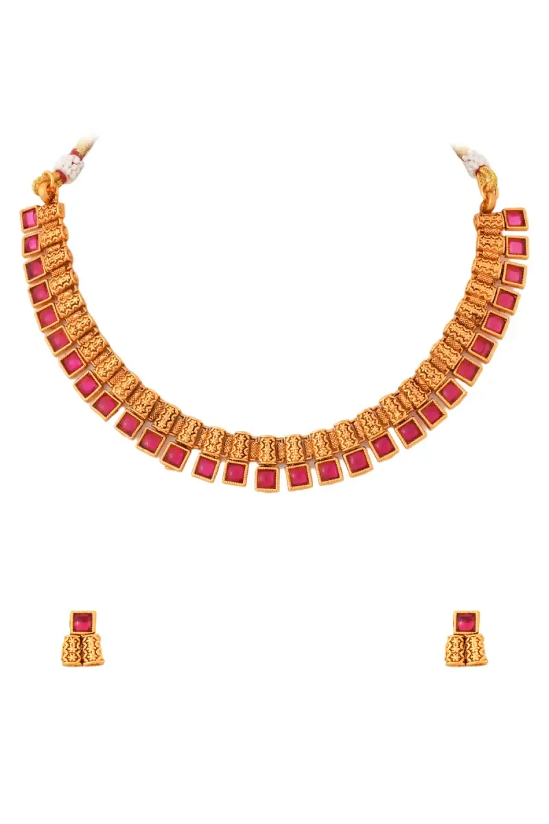 Gold Square Design Necklace with Earrings Set for Women