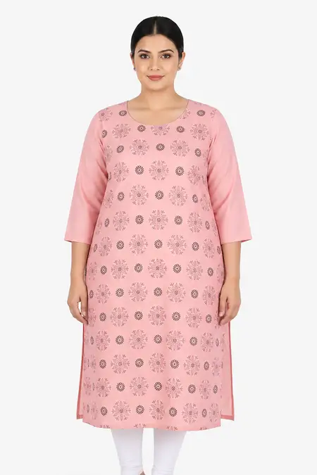 Cotton Blend Printed Straight Cut Kurti - Plus Size