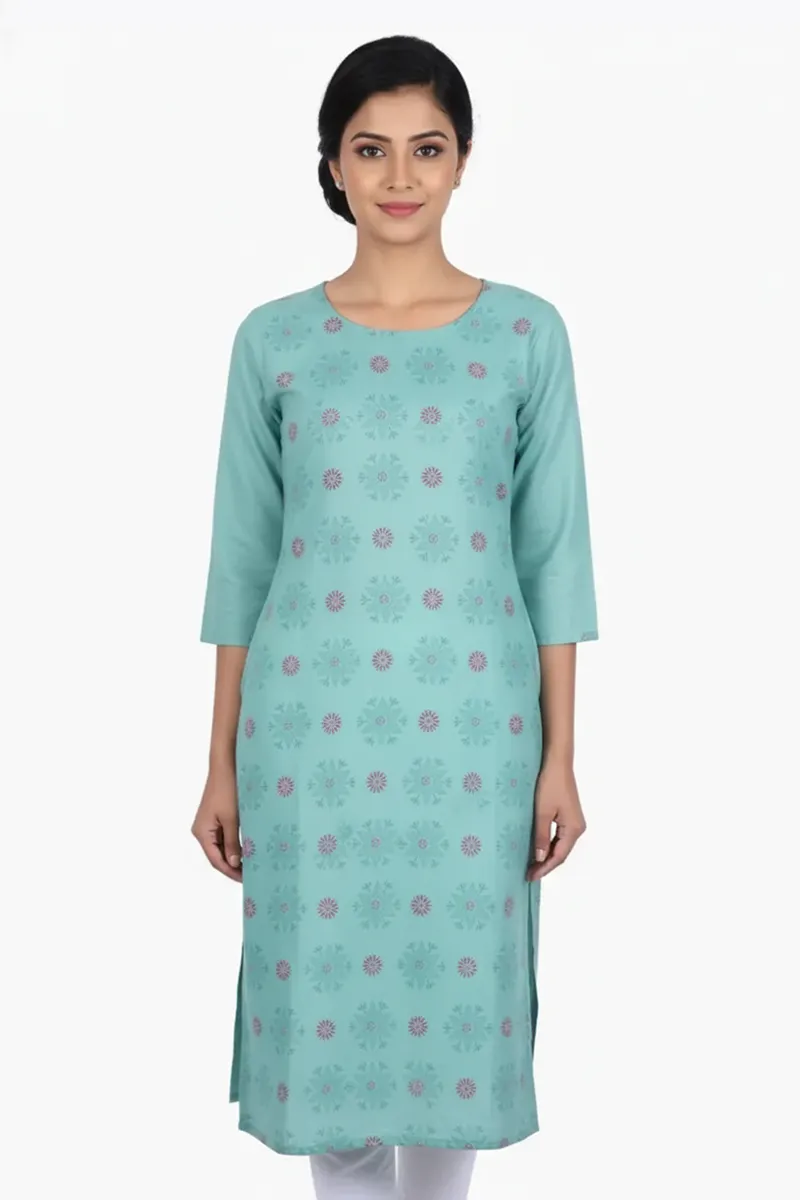 Cotton Blend Printed Straight Cut Kurti