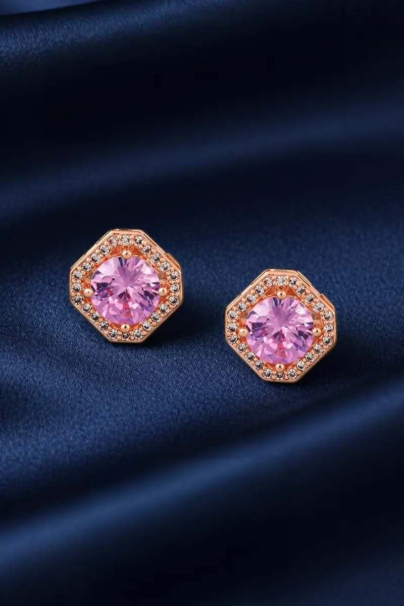 Elegant Rose Gold Gemstone Halo Stud Earrings for Girls & Women