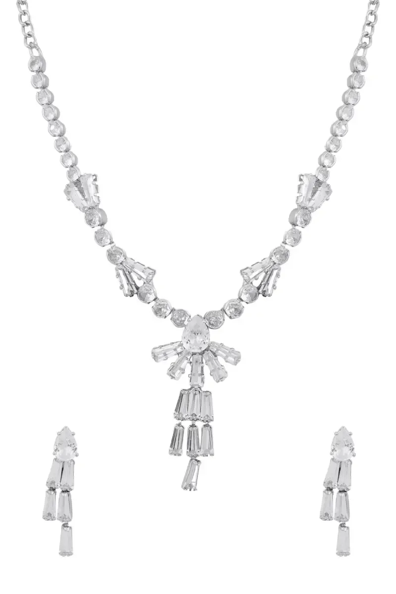 Silver Crystal Cascade Necklace & Earring Set for Girls & Women