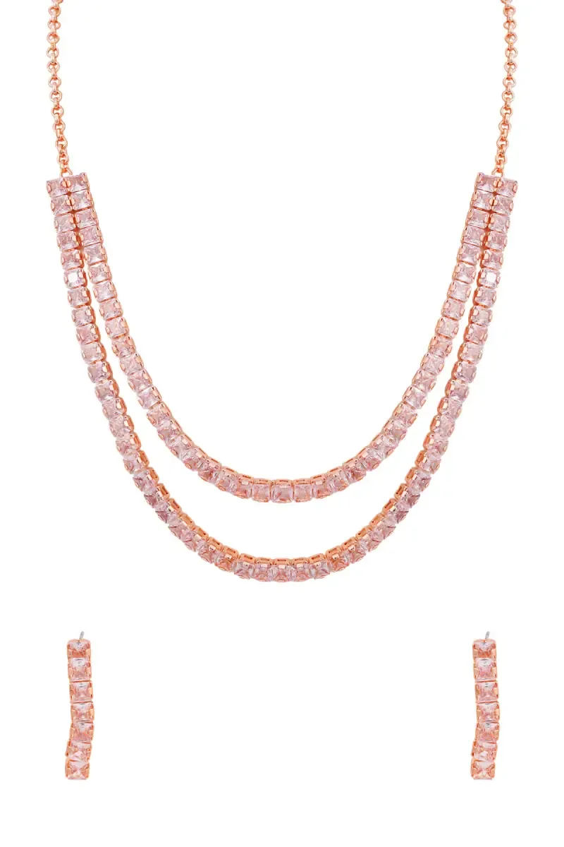 Rose Gold Double-Layer Necklace & Earring Set for Girls & Women