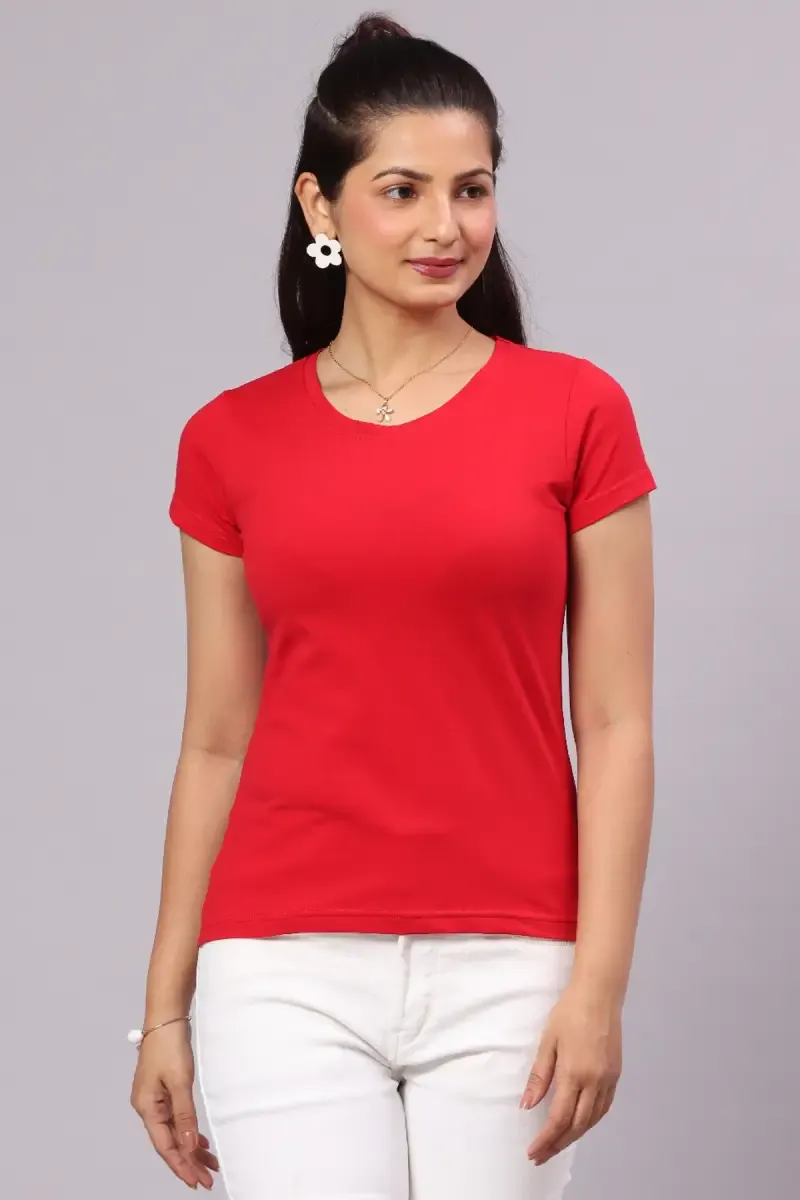 Cotton Blend Solid T-Shirt for Women 014154XLRED
