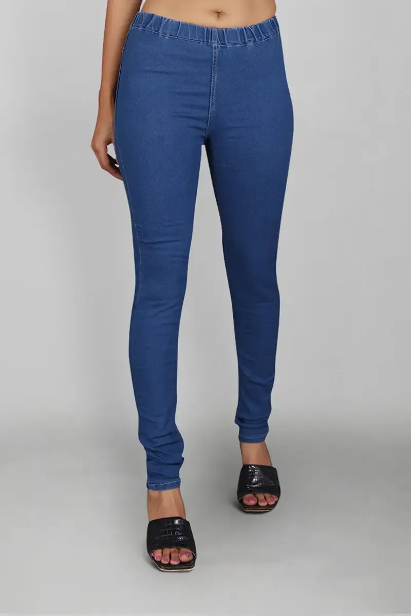 Cotton Lycra Blend Solid Jeggings for Women 01424032BLU