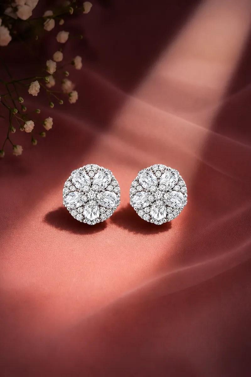 Silver Floral Stud Earrings for Girls & Women