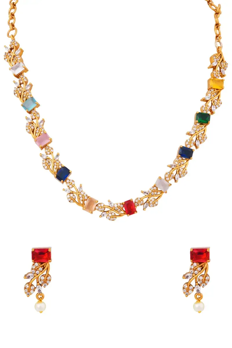 Cubic Zirconia Multicolor Leaf Design Necklace Set