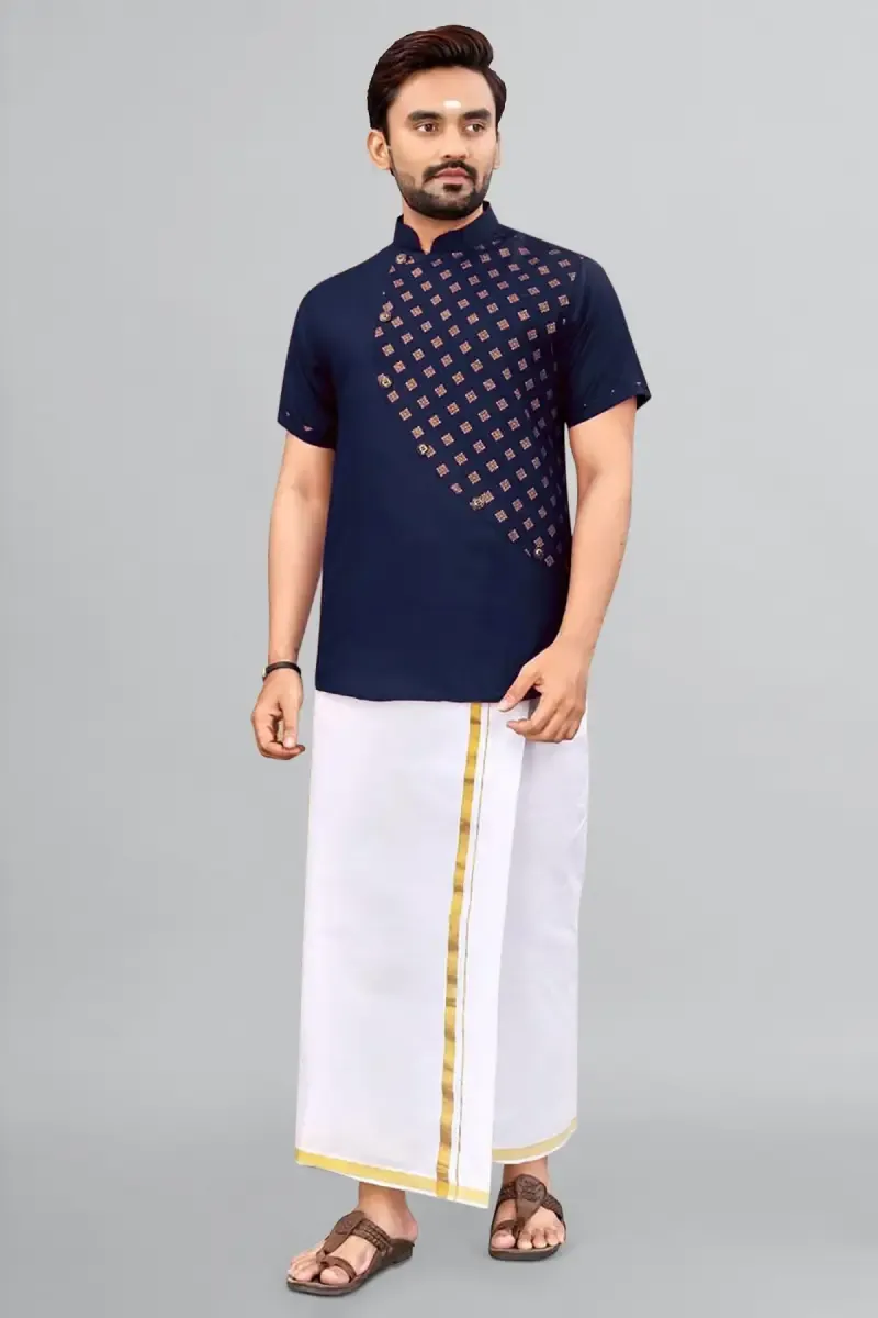 Cotton Gold Print Short Kurta for Men 0142964XLNAVBLU