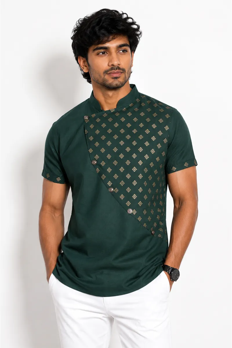 Cotton Gold Print Short Kurta for Men