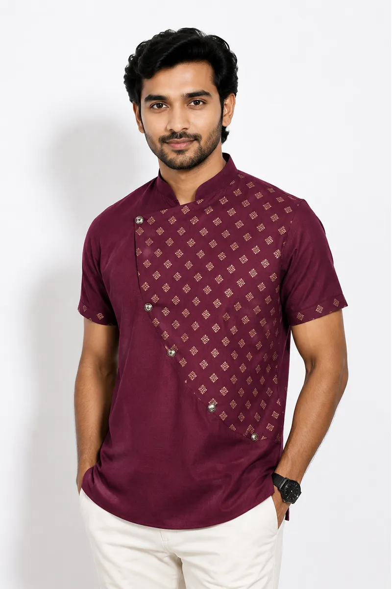 Cotton Gold Print Short Kurta for Men